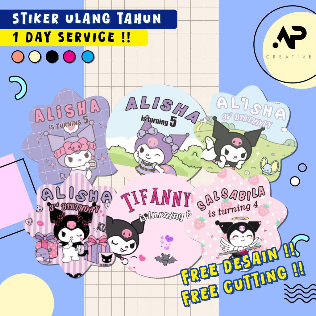 Stiker Ulang Tahun KUROMI EDITION | Stiker Label Ulang Tahun Anak CUSTOM NAMA | Stiker Ultah Anak | 