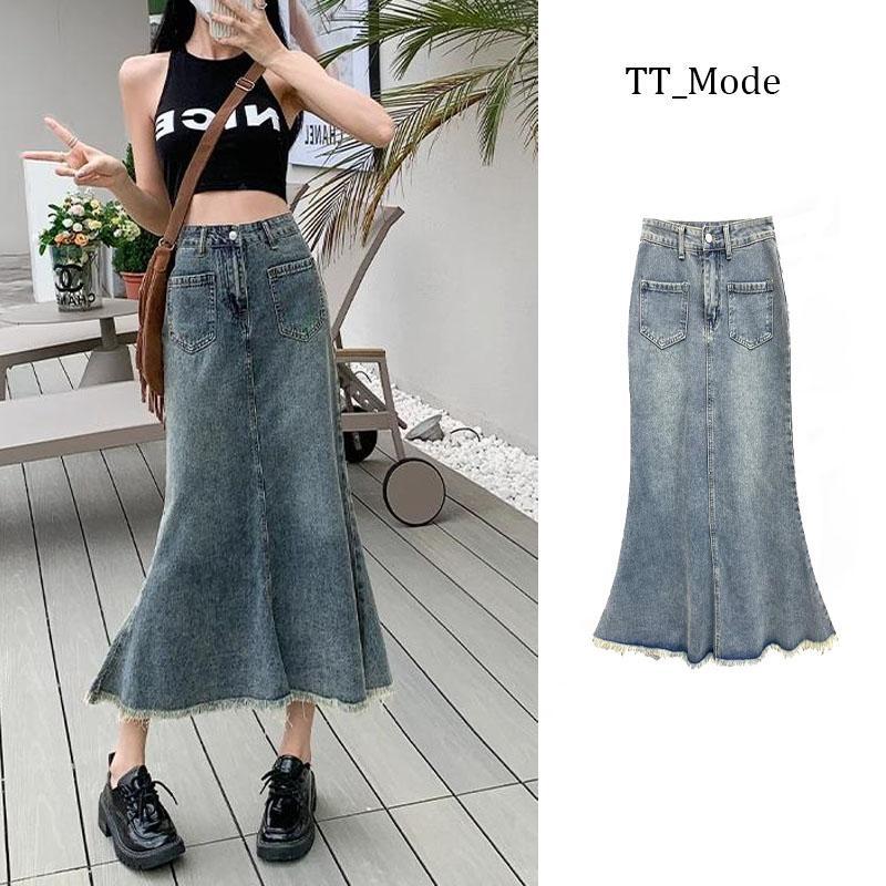 Rok Fishtail Fashion Kasual Rok Midi Denim Highwaist Biru Retro