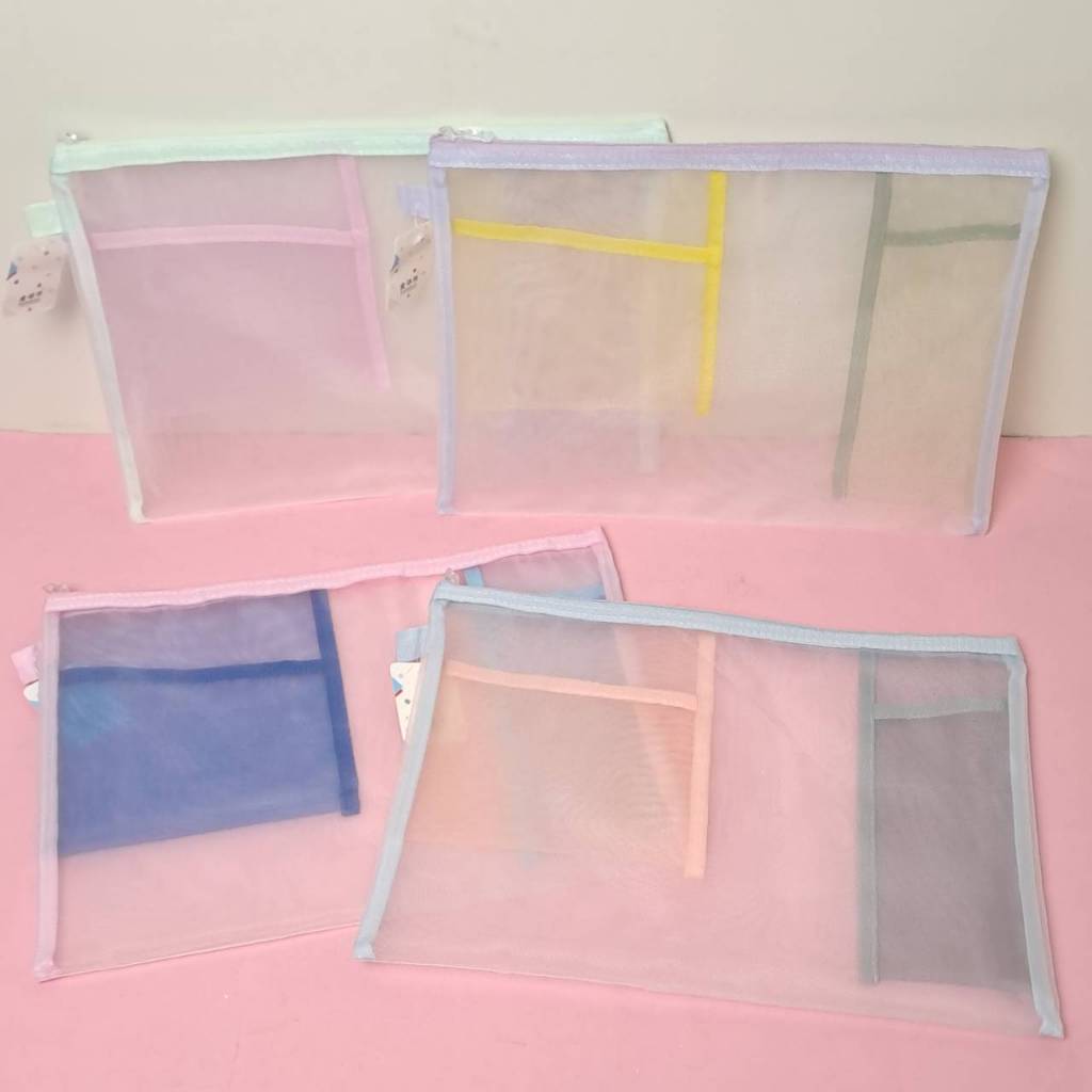 

Zipper Map Document Bag Folder F4 Jaring Mesh+ Sekat Kantong Dalam Transparant Pastel Minimalis