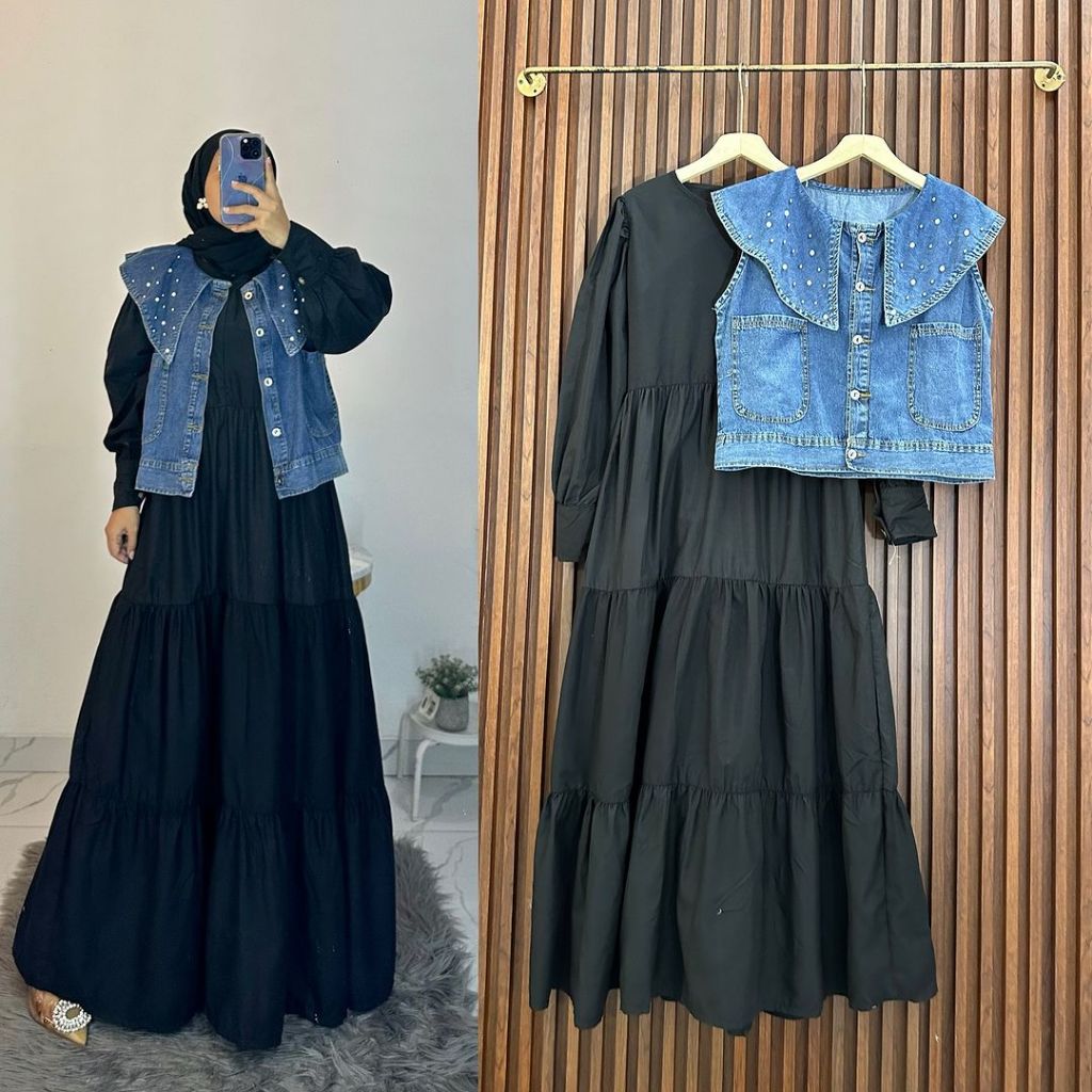 Kiukiu Lavanya Dress + Rompi Denim - Set Gamis dan Rompi - Rompi Jeans - Gamis Wanita Se Gamis Casua