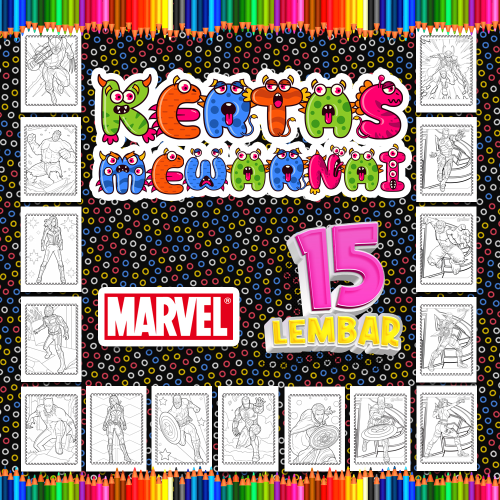 

Kertas mewarnai anak 15 Lembar. coloring worksheet paket lengkap sketsa Tema [Marvel]