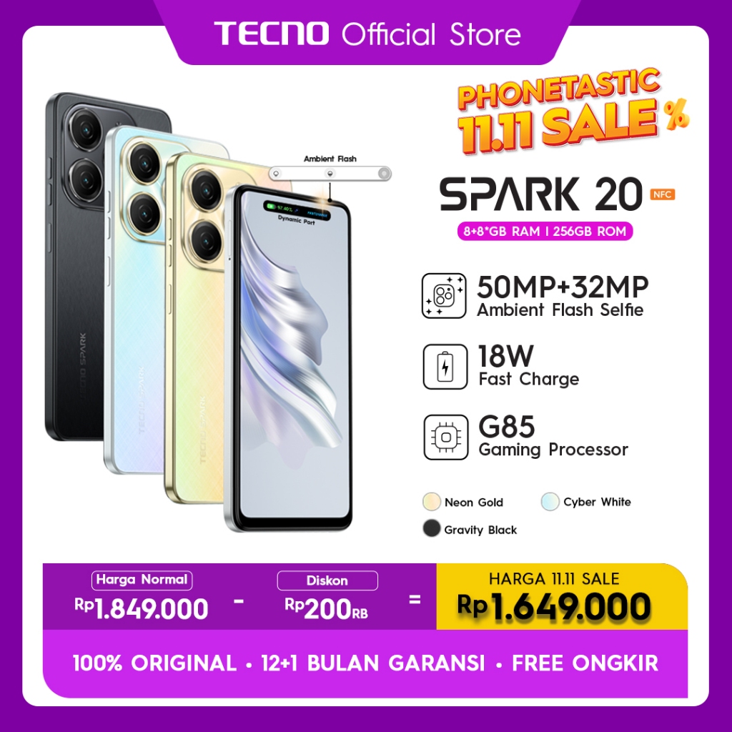 TECNO SPARK 20 NFC – 8GB+256GB, Stereo Dual Speaker, Dynamic Port 6,6” HD+ 90Hz Screen, MTK Helio G8