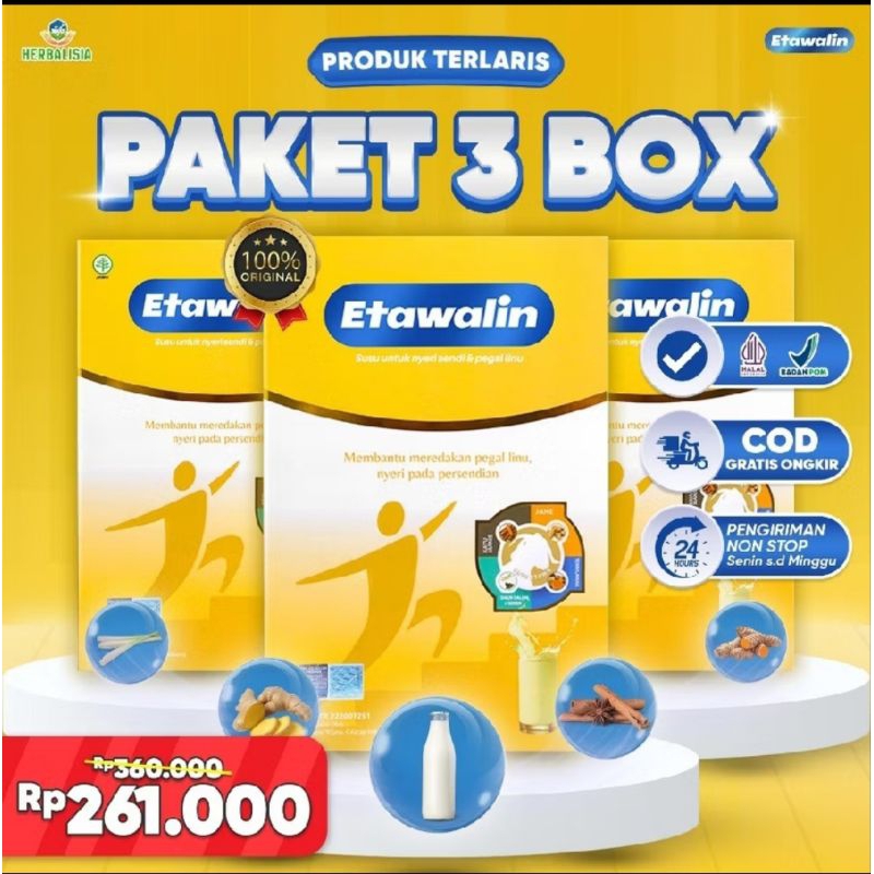 

3 BOX ETAWALIN - Susu Kambing Etawa Obati Kesemutan, Syaraf Kejepit, Asam Urat, Rematik&Osteoporosis