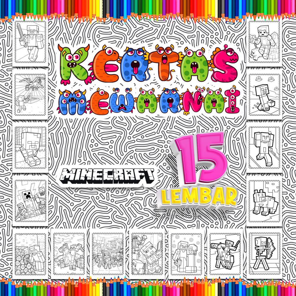 

Kertas mewarnai anak 15 Lembar. coloring worksheet paket lengkap sketsa Tema [Minecraft]