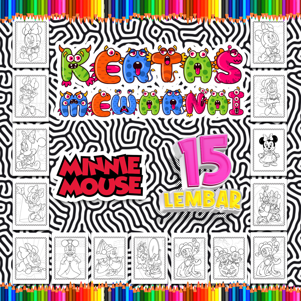 

Kertas mewarnai anak 15 Lembar. coloring whorkseet paket lengkap sketsa Tema [Minnie Mouse]