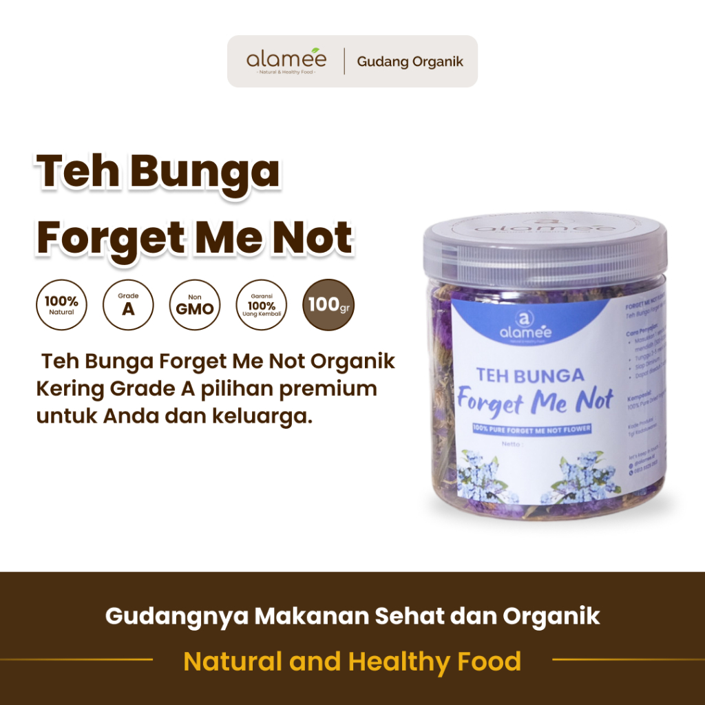 

alamee teh bunga forget me not menyediakan pilihan organik yang menyegarkan dan khasiat herbal