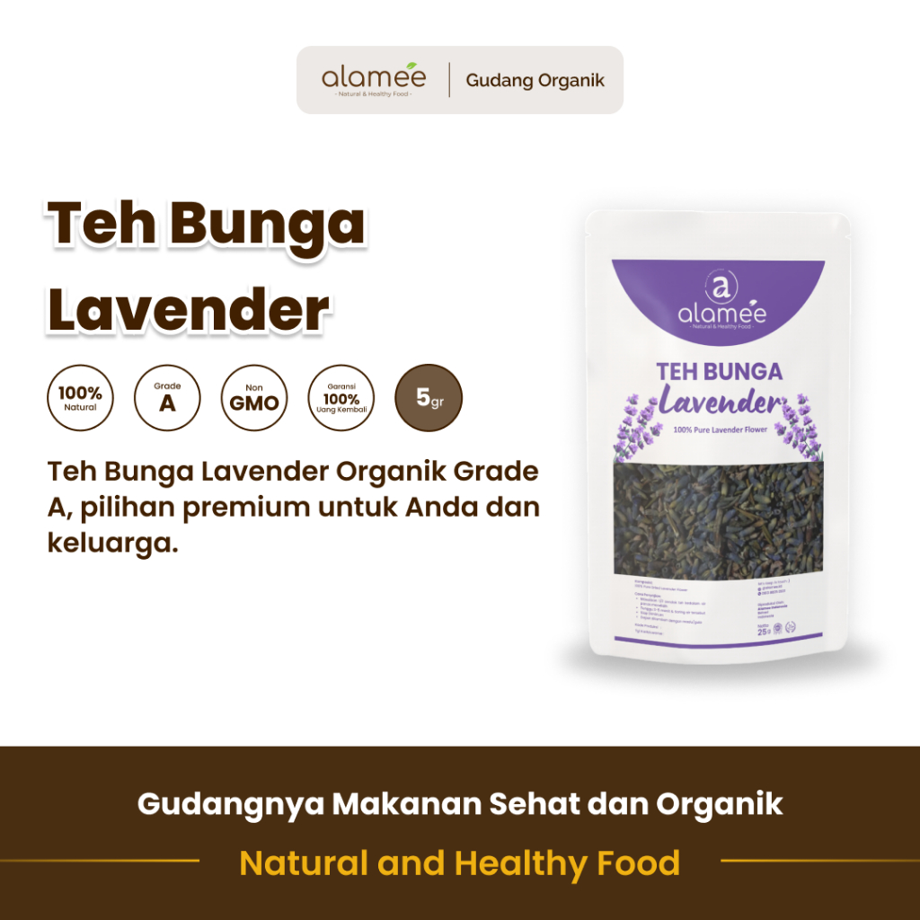 

alamee teh bunga lavender dengan rasa floral dan aroma wangi menenangkan dalam setiap cangkir 5 gram