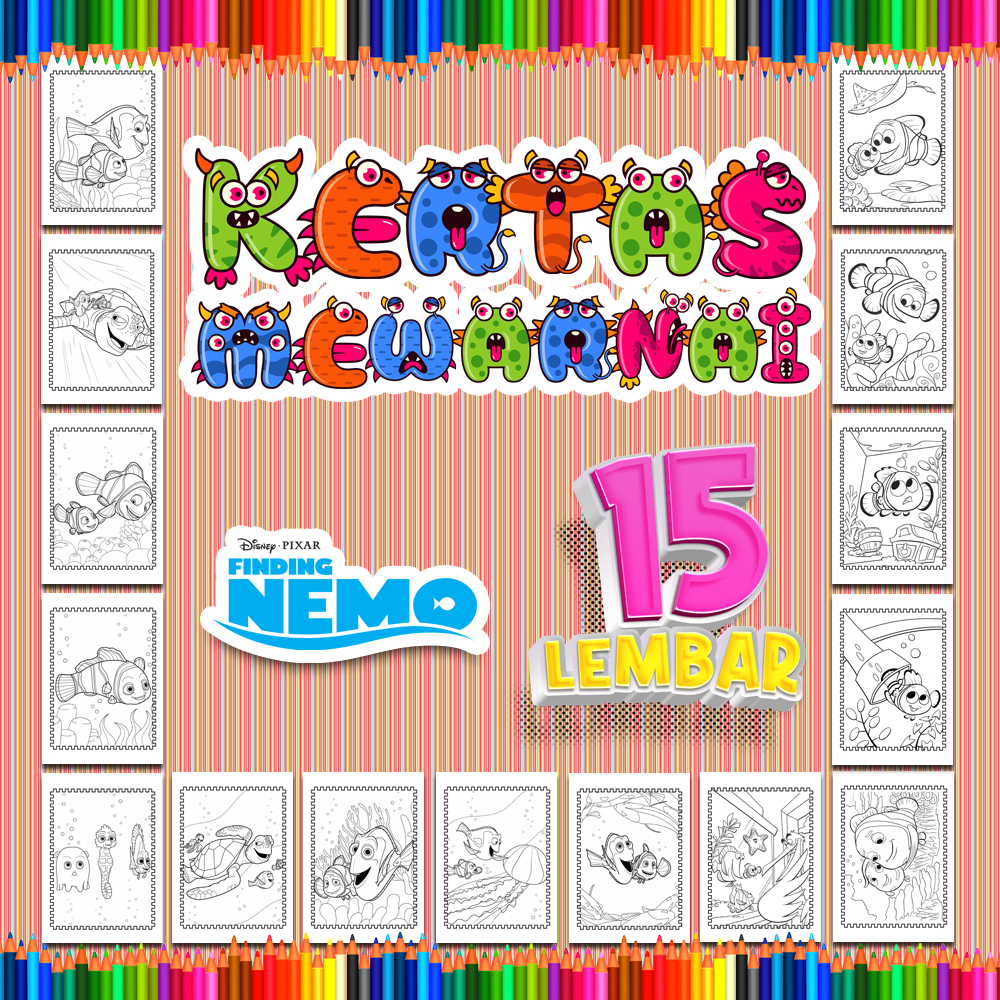 

Kertas mewarnai anak 15 Lembar. coloring worksheet paket lengkap sketsa Tema [Nemo]