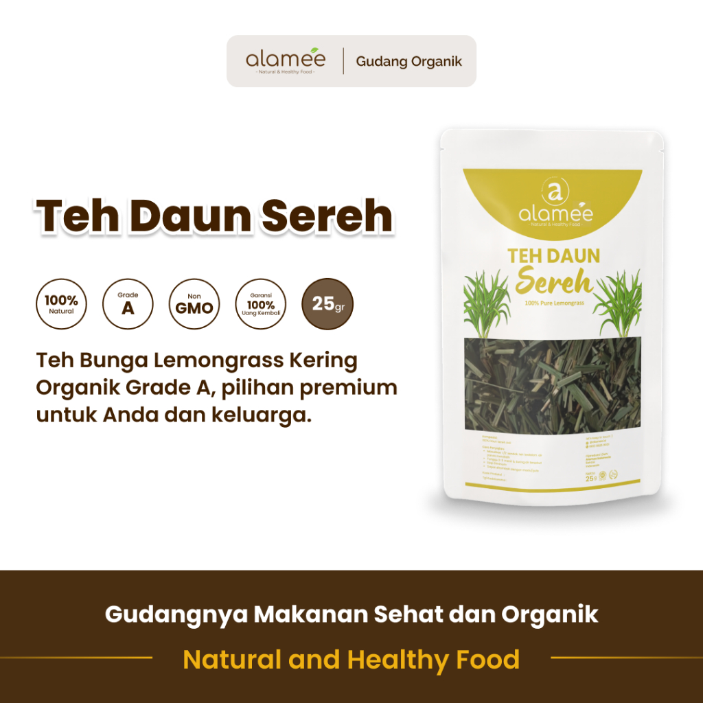 

alamee teh bunga lemongrass menawarkan minuman hangat dengan 25 gram yang kaya antioksidan