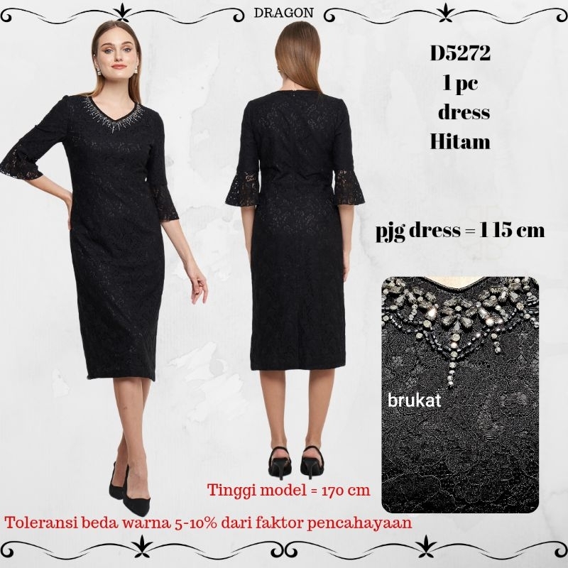 dress DRAGON D5272, warna hitam / putih / ungu tua, bahan brukat