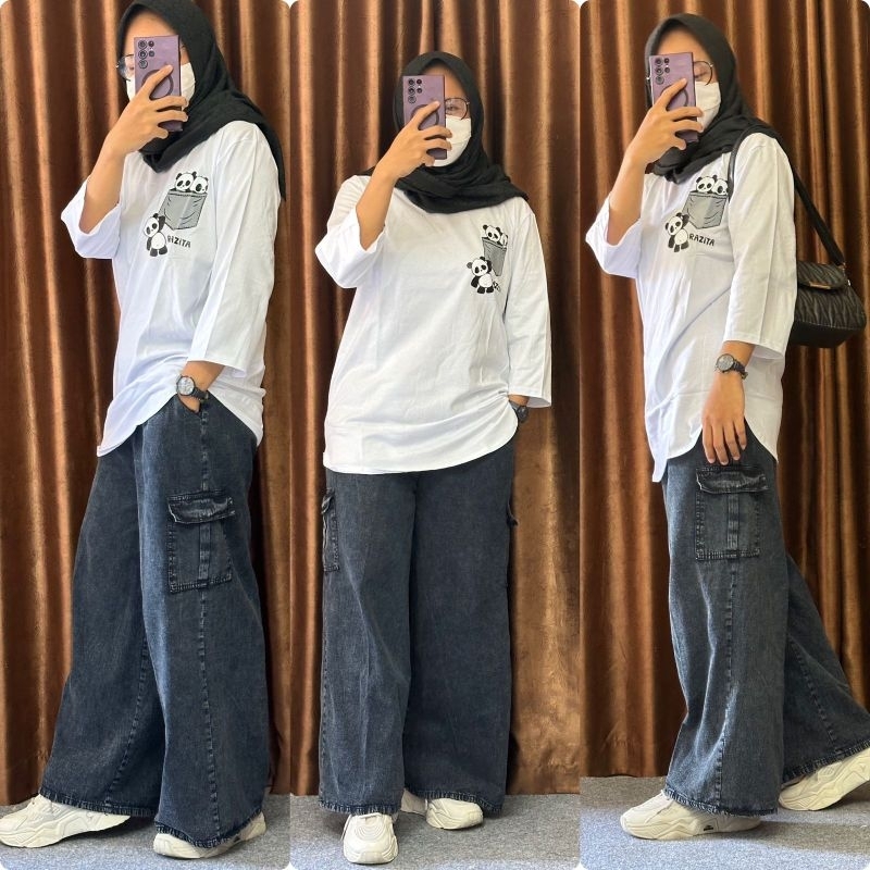 Setelan Celana kulot Wanita Atasan Combed Celana Jeans Begy Saku Cargo, Oneset Wanita Terlaris dan t