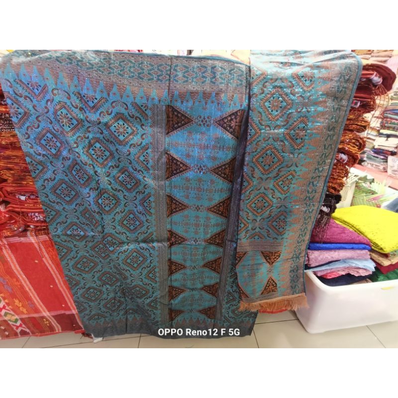 SONGKET MESIN PALEMBANG WARNA BIRU TERAKOTA TEMBAGA TUMPAL TEMBAGA