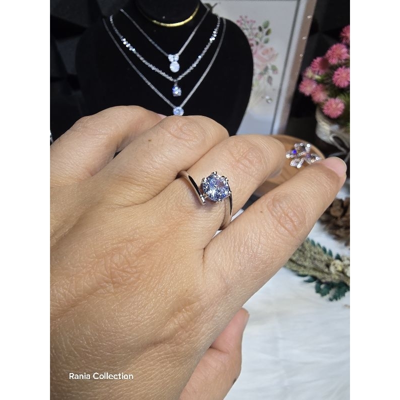 Cincin Perak Asli 925 Permata White Zirconia Cincin Wanita Lapis Mas Putih