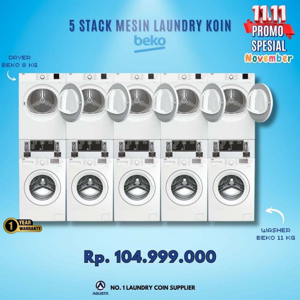 5 Set Mesin Cuci dan Pengering BEKO Paket Usaha Mesin Cuci Laundry Koin