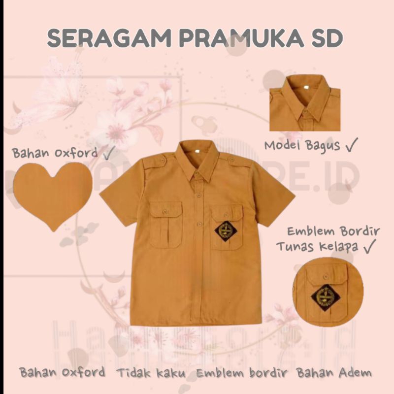 Seragam Sekolah SD - Kemeja Pramuka Lengan Pendek, Bordir Bet, Kain Oxford Berkualitas, Ukuran 7-16