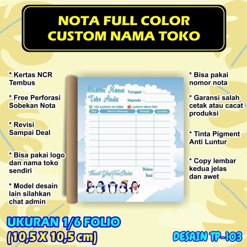

Cetak Nota Custom Full Color Ukuran 1/6 Folio isi 100 Lembar