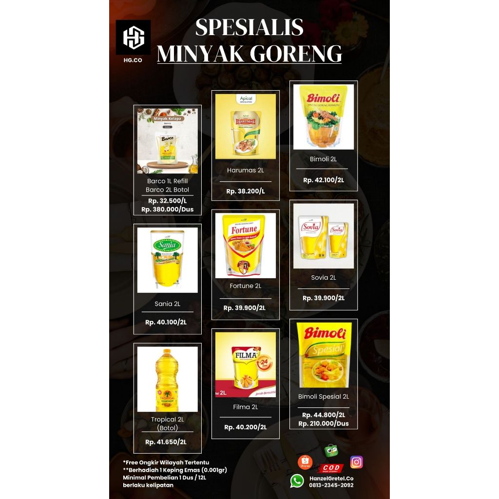 

Spesialis Minyak Goreng Murah 2L Merk Sania, Tropical, Fortune, Sovia, Harumas, Filma, Bimoli, Barco, Kunci Mas