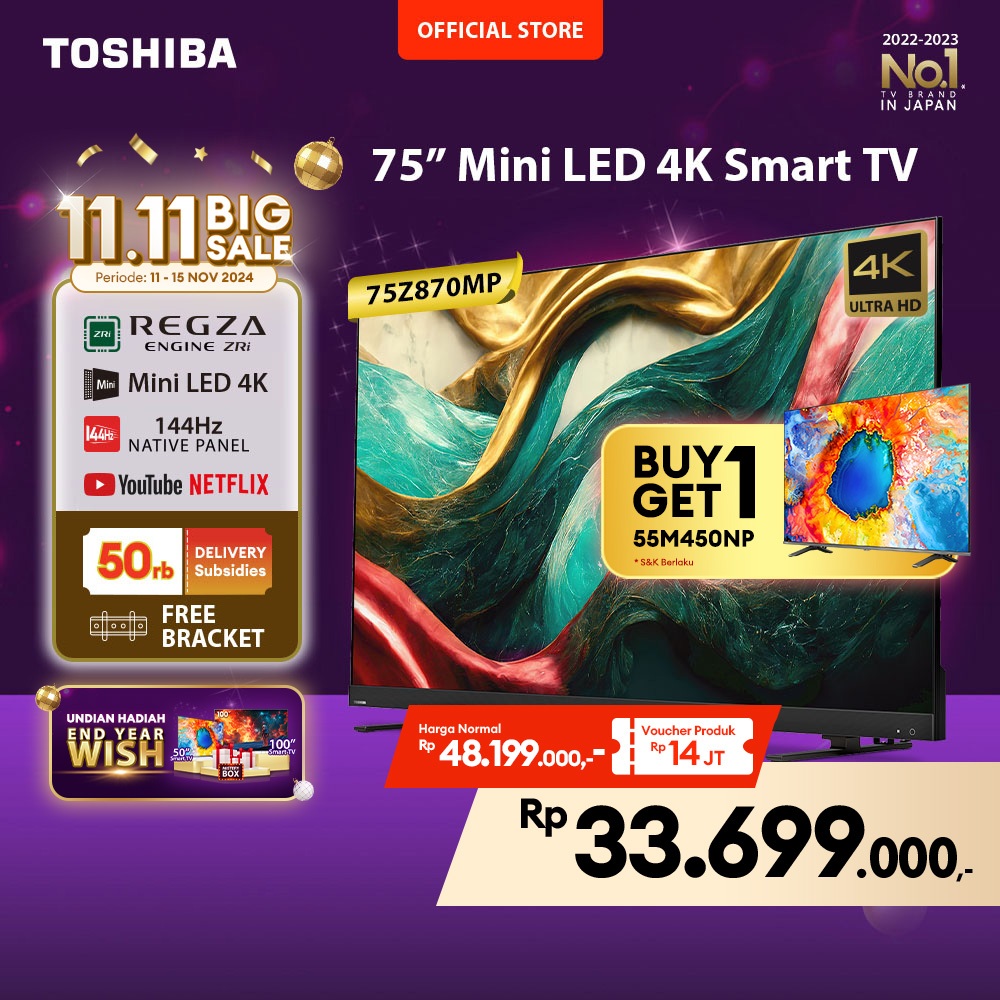 [FREE BRACKET] Toshiba FLAGSHIP TV 75" MINI LED 144Hz 4K UHD Smart TV - Dolby Vision IQ Atmos HDR10+