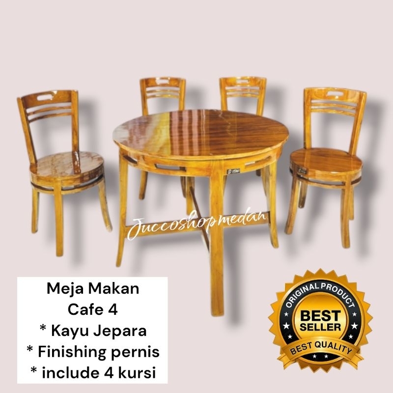 [ Jucco ] Meja Kafe Kayu Set Kursi Makan Kayu - Meja Kafe Bulat Kayu 4 Kursi kayu - Meja Makan Panja