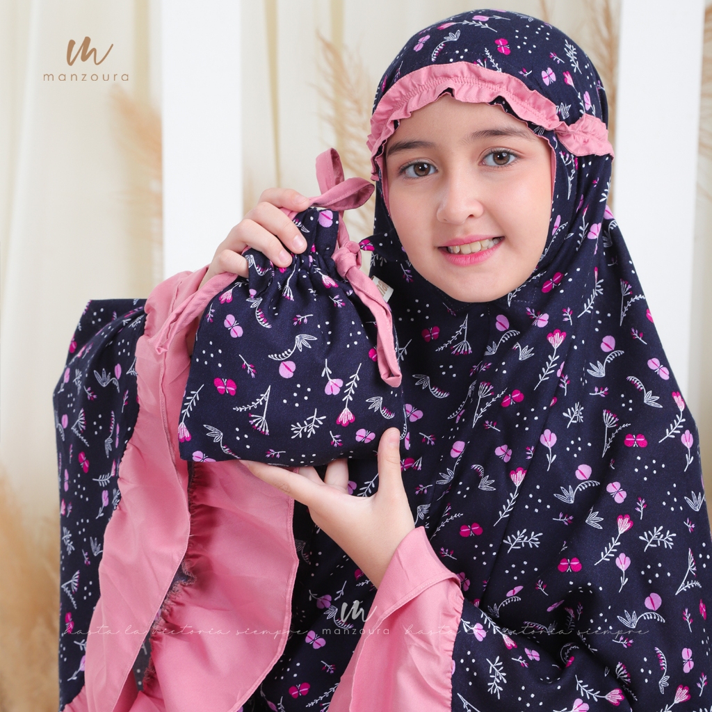 Manzoura - Mukena Tanggung Rayon Katun Motif Mukenah Anak Perempuan Usia 6 -13 Tahun