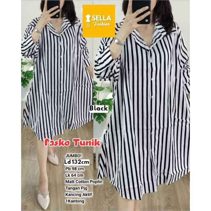 TUNIK OVERSIZE WANITA KATUN POPLIN MOTIF GARIS GARIS PAKAIAN WANITA BAJU ATASAN LENGAN PANJANG