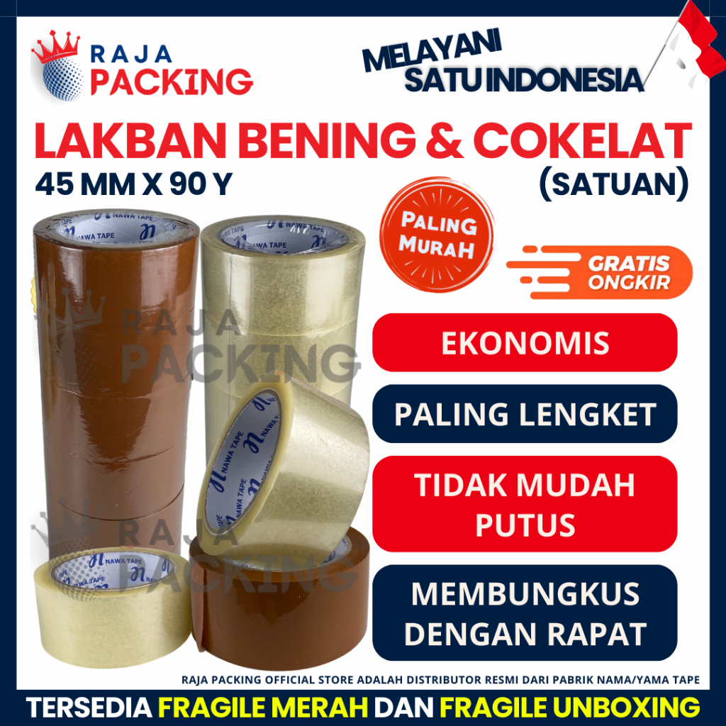 

Lakban Bening - Lakban Cokelat Ekonomis 45mm x 90 Yard Terjamin Super Lengket