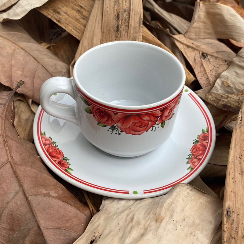 Get 12pcs (6cup & 6saucer) Red Rose/Cangkir Lucky Set Mawar Merah/  Tea Cup Set /Cangkir Kopi Kerami