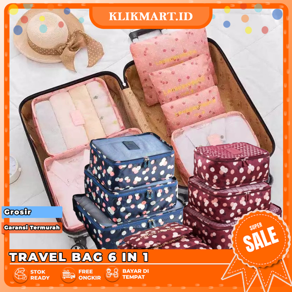 Km-52 (2) Travel Bag 6in1Set Storage Baju Organizer Koper Travelling Motif
