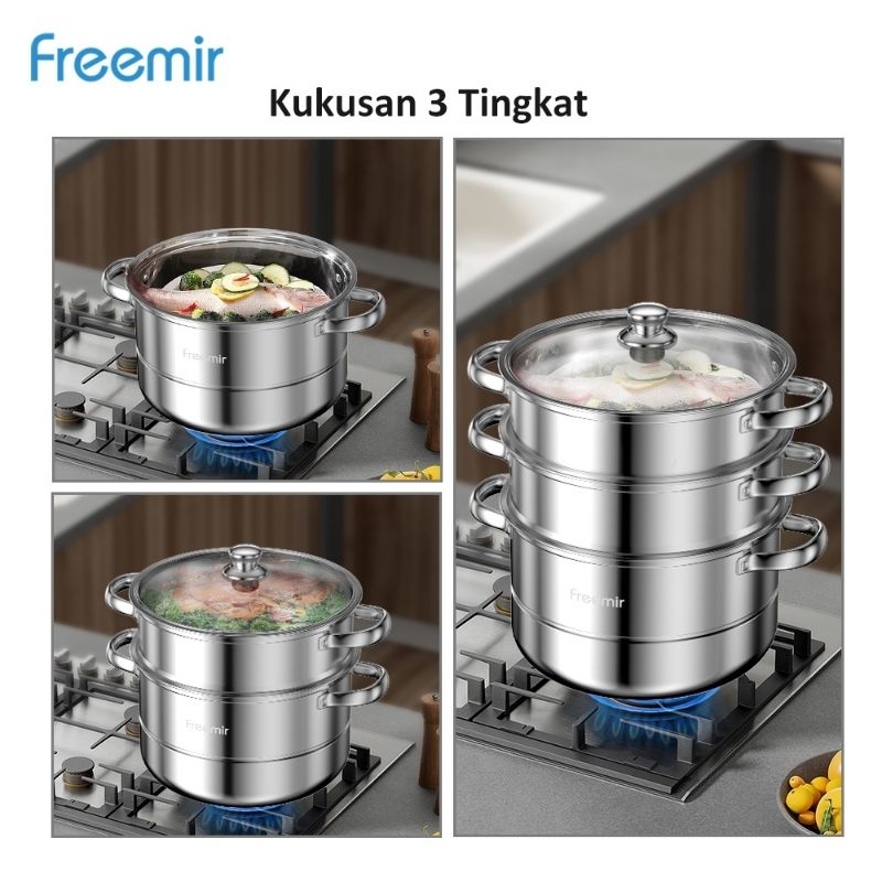 Freemir Panci Kukus Besar 3 susun stainless steel dandang kukusan tiga tingkat pengukus multifungsi 