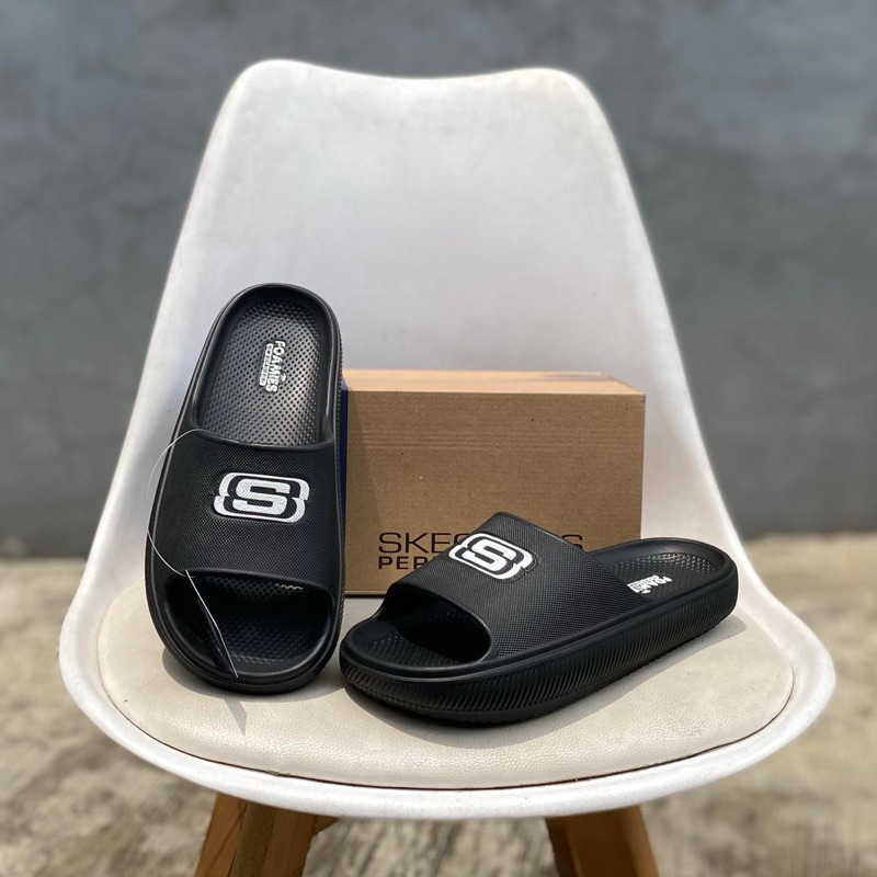 SANDAL SLOP SKECHERS BLACK WHITE SENDAL SLIDE COWOK ANTI SLIP SANDAL SKECHERS PRIA
