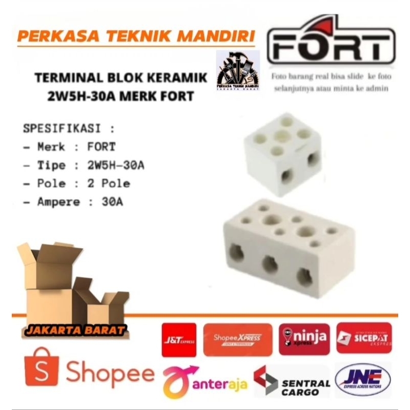 TERMINAL BLOCK KERAMIK 2W5H - 30A BLOK 2 POLE Merek FORT