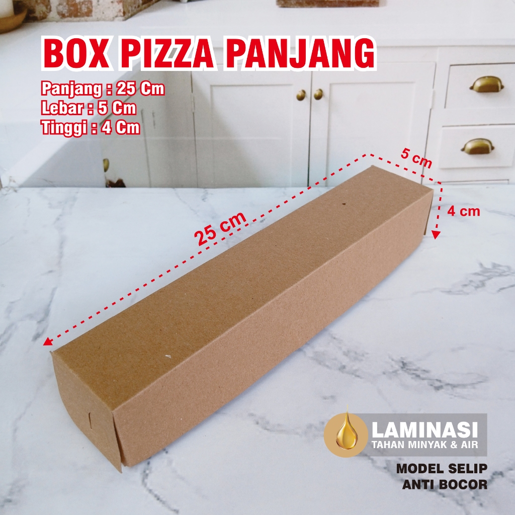 

Box Pizza Panjang 25x5x4 cm Bahan Kraft PE dan Ivory 300 gsm