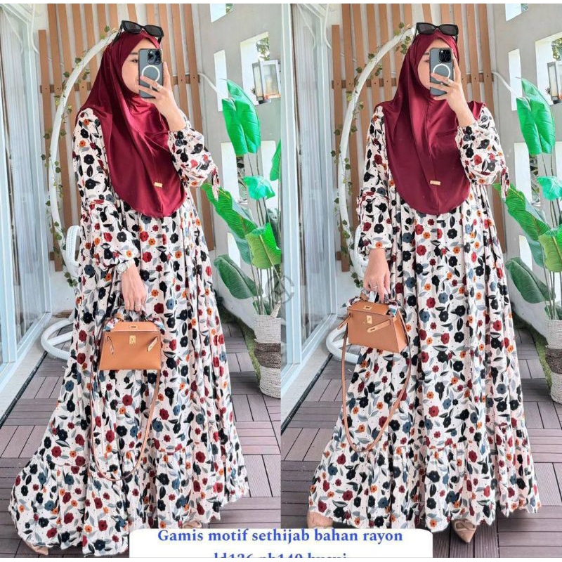 Pusat Klamby Lavanya Gamis Set Hijab Bergo Jersey Dress Rayon Motif terbaru Dress Hijab Lebaran Keki