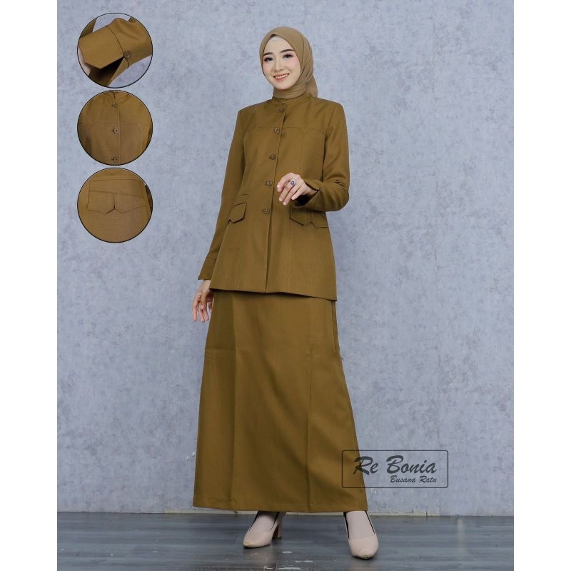 Seragam RE BONIA Kheki Sedang Rok A , Baju Dinas ASN Kheki Sedang Wanita Terbaru , Seragam ASN,PNS,P