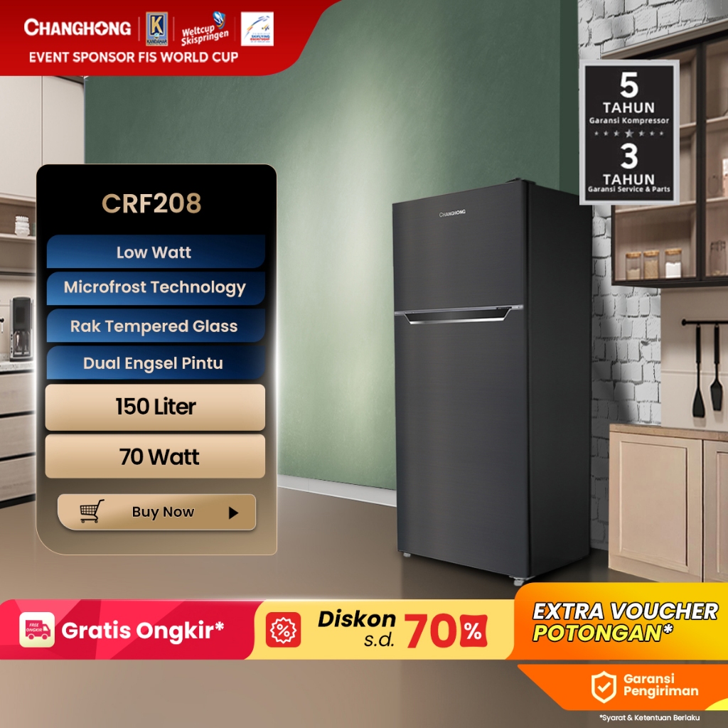 Changhong Kulkas 2 Pintu (Refrigerator)  Lemari Es Kapasitas 150 Liter CRF208 - Black (Semi Auto Def