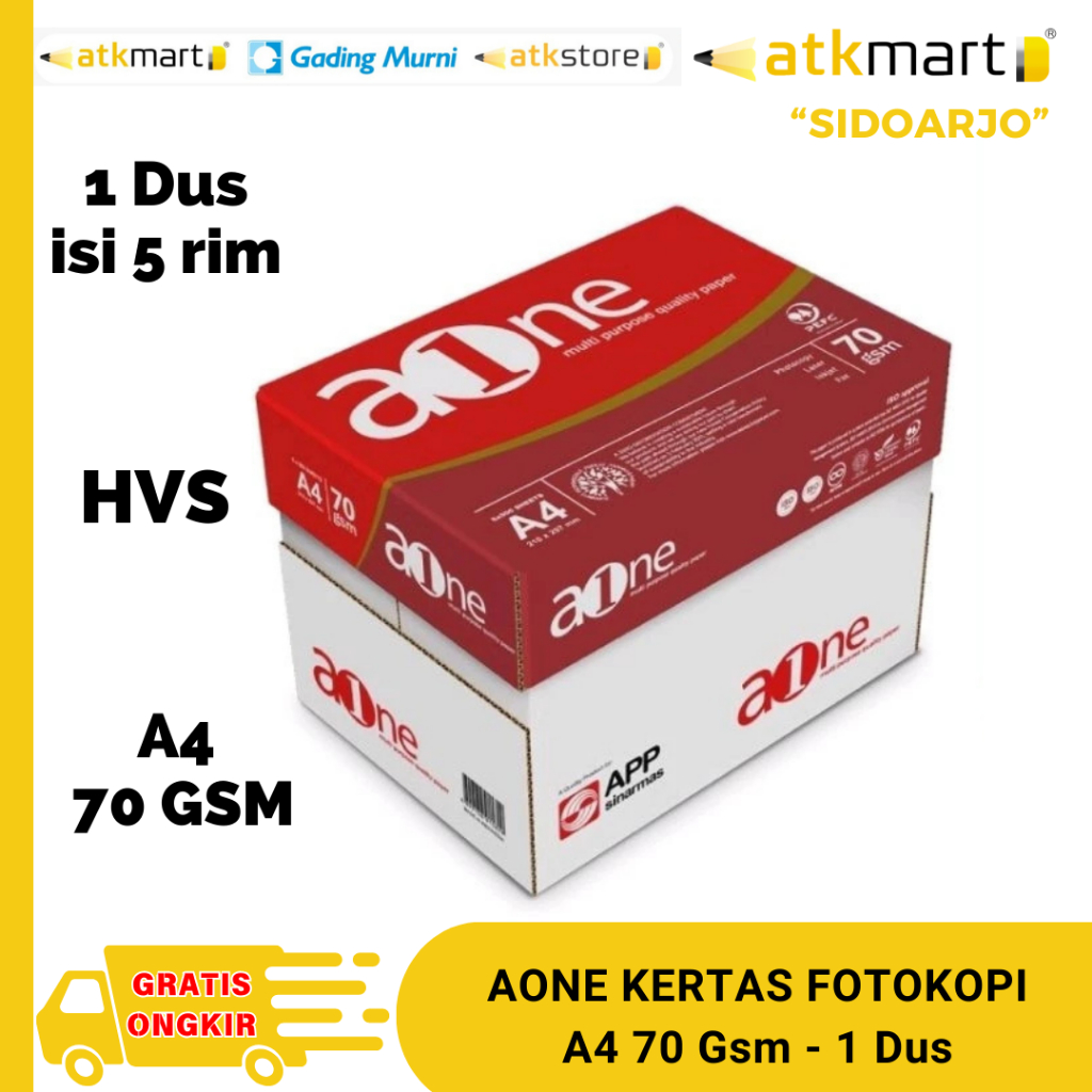 

AONE KERTAS HVS Print A4 70 GSM KERTAS FOTOCOPY - 1 DUS ( 5 RIM )