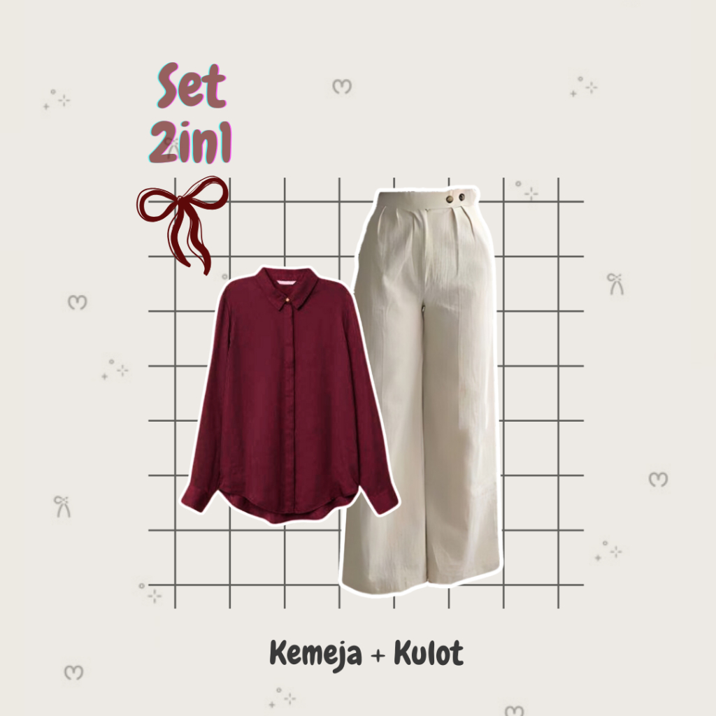Maroon Set 3In1 ( Kemeja + Hijab + Kulot ) Outfit Cewek Pinterst Setelan Wanita Selebgram Masakini -