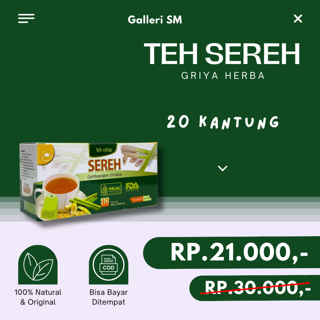 

Teh Sereh Griya Herba Minuman Herbal Celup Isi 20 Menurunkan Tekanan Darah Kolesterol Jantung