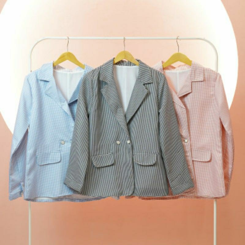 Revalin Blazer, Blazer Wanita Lengan Panjang Motif Kotak - Kotak