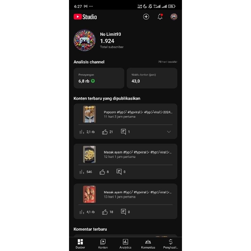 akun youtube 1,924 subscriber