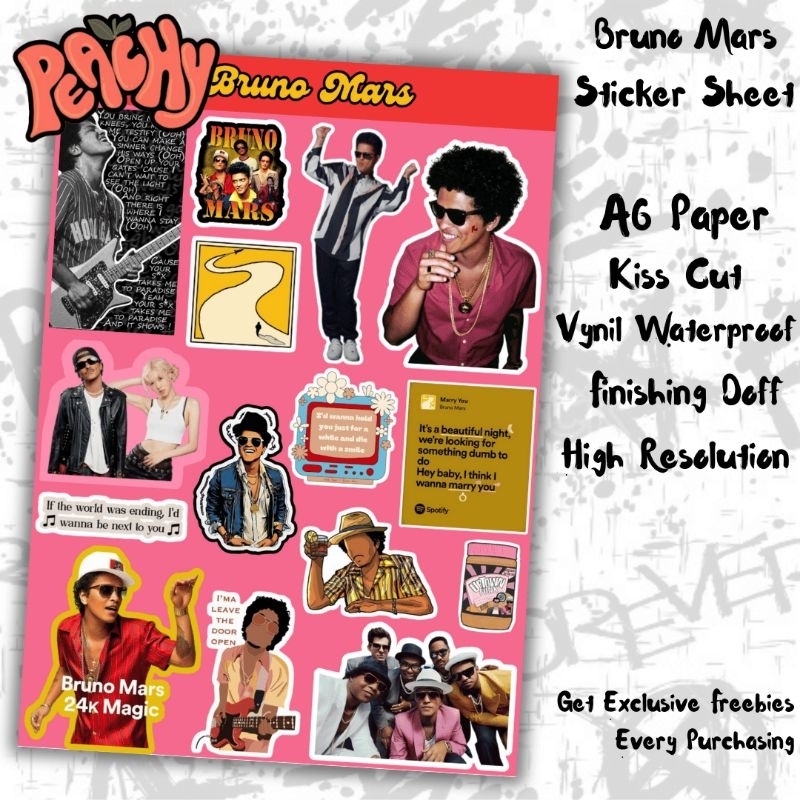 

Bruno Mars Sticker Pack | Sticker Vynil | sticker Waterproof | sticker sheet | sticker band | sticker tumbler | stiker anti air | sticker music | sticker HP laptop | sticker murah | sticker premium | sticker helm | kiss cut | sticker A6 | sticker remaja
