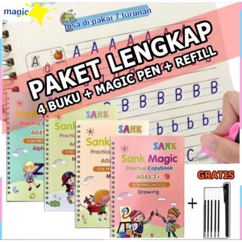 

SANK MAGIC BOOK I isi 4 buku + pulpen +Refill I Buku Belajar Menulis Menggambar Edukasi Anak