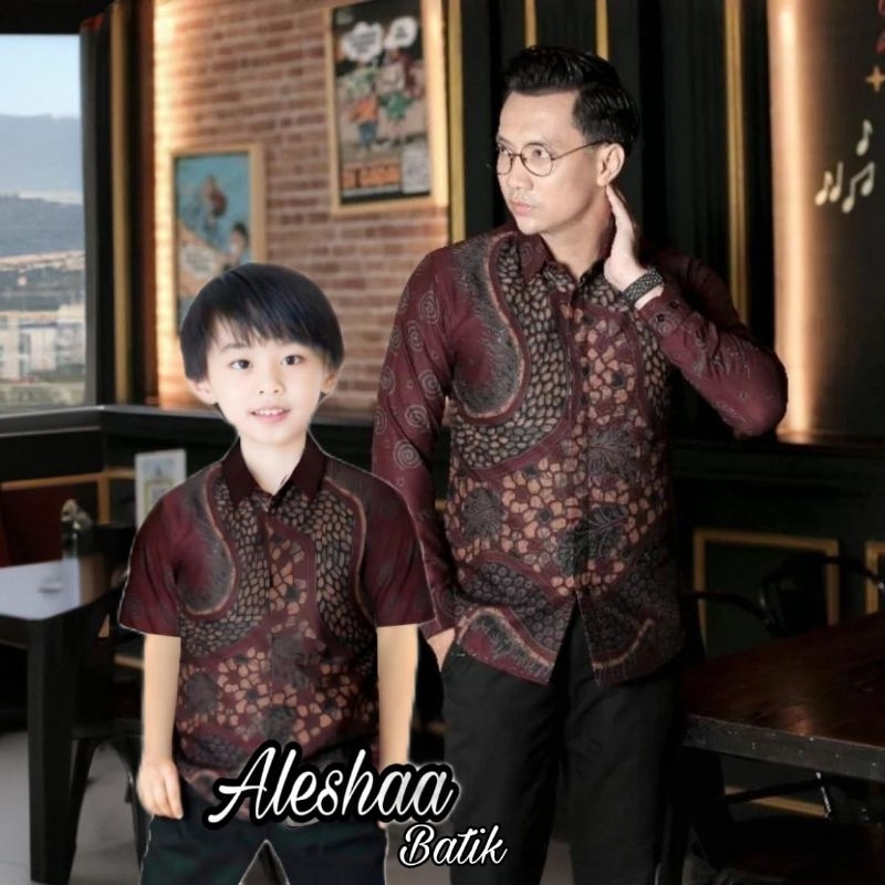 Kemeja Batik Motif watu maroon Batik Anak Laki-Laki Lengan Panjang Batik Ayah dan Cowok Warna merah 