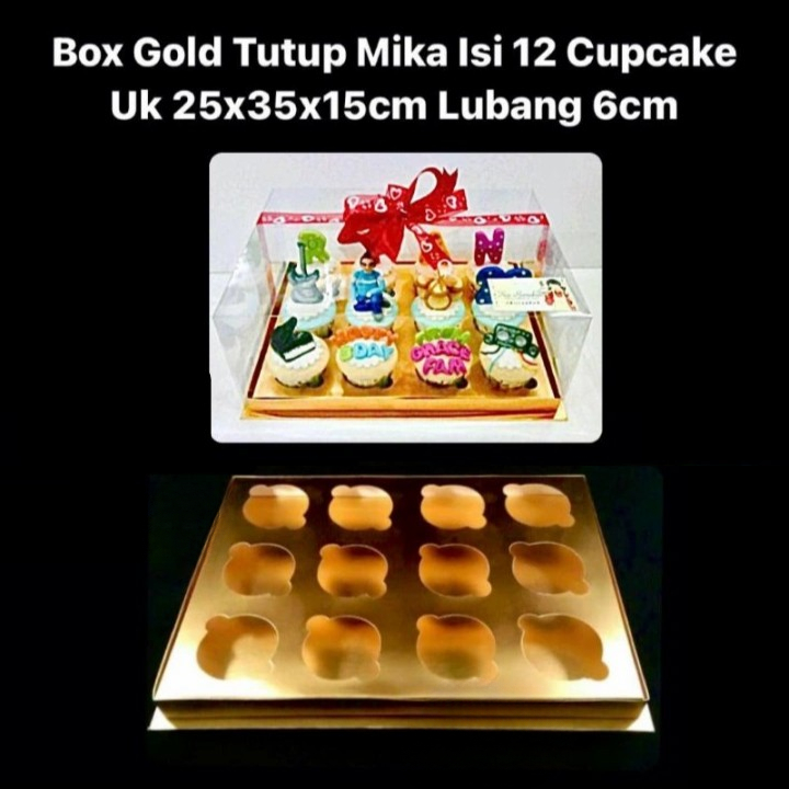 

( 1 pcs ) Kotak Dus Gold Packaging Cupcake Isi 12 Box Kado Tutup Mika Ukuran 25x35x15 cm