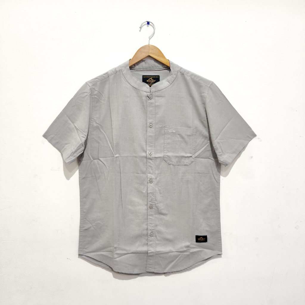 ROLUN Kemeja Koko Casual Pria Slim Fit Kerah Shanghai Abu Polos Lengan Pendek 140351