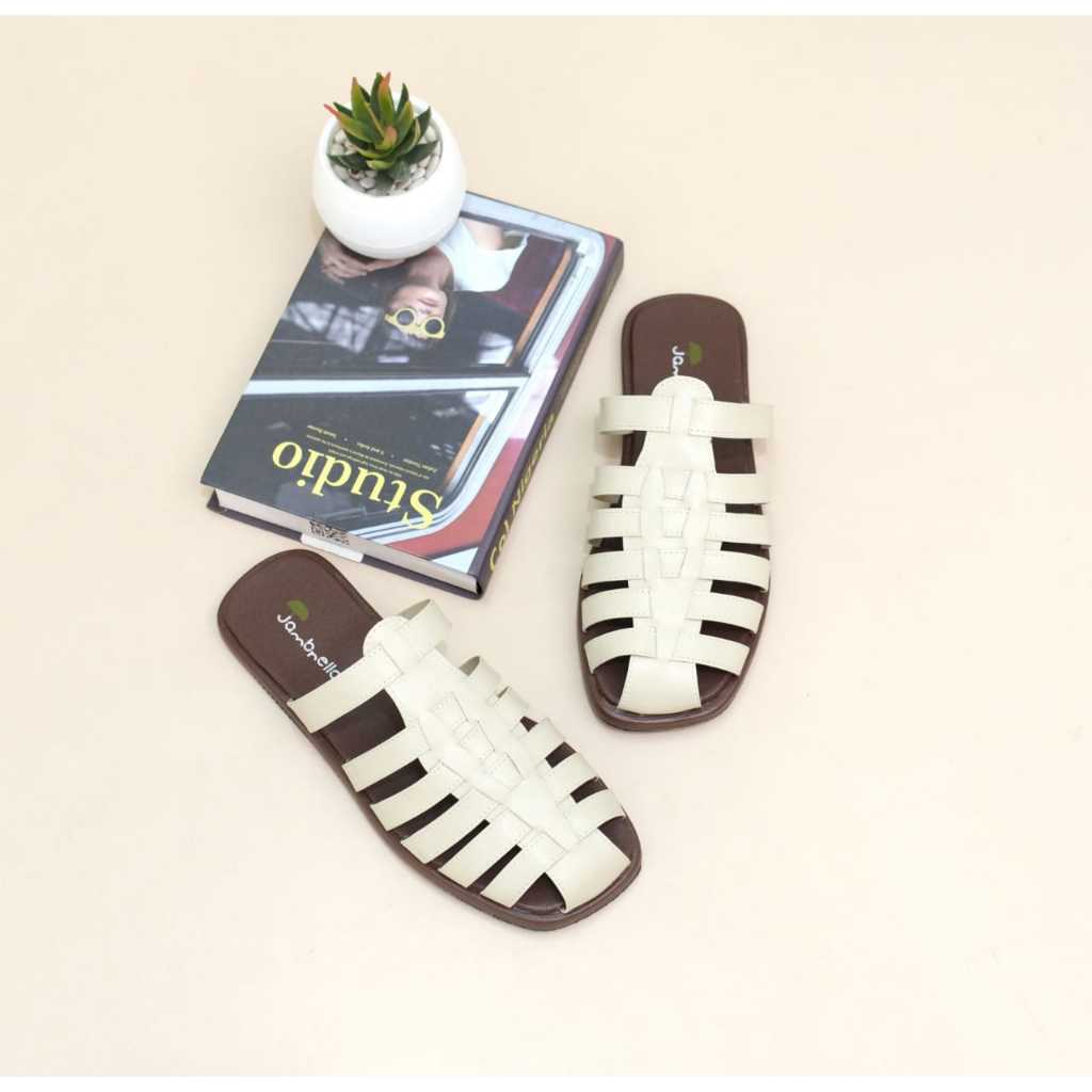 Jambrella RITSUKI CREAM sandal flat wanita sandal slop wanita trendy