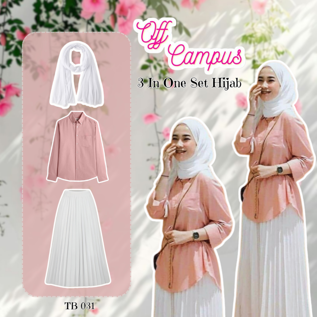 OOTD Kampus Outfit Cewek Kue Atasan Kemeja Dusty Pink, Rok Plisket Putih & Pashmina TB 031