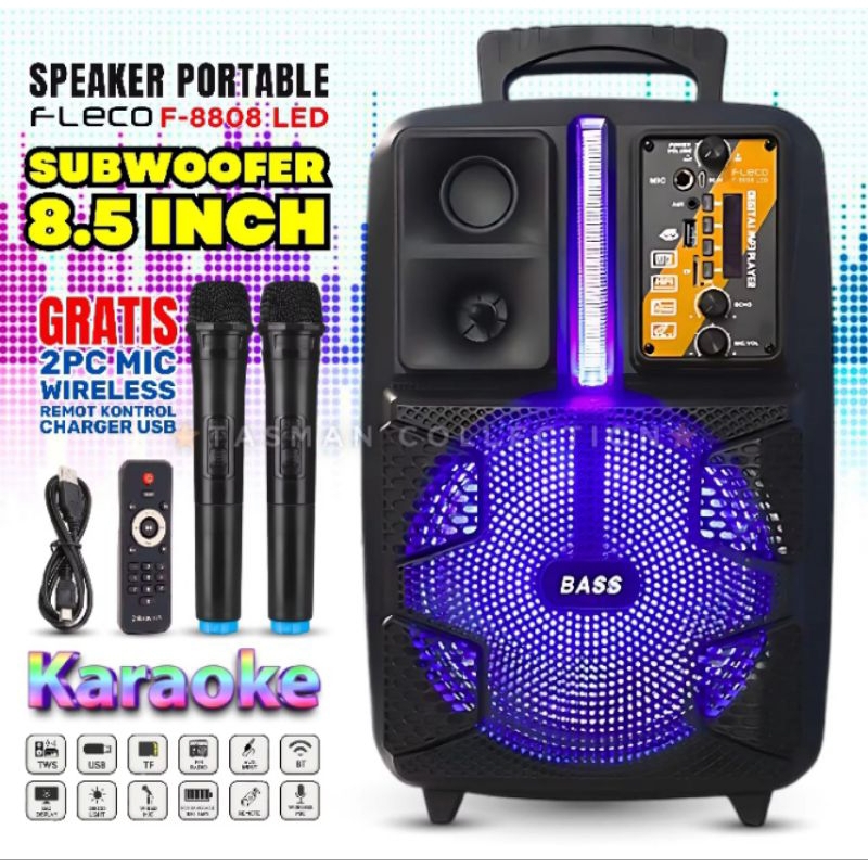 Speaker Bluetooth Fleco F-8808LED Ukuran Besar Dual Mikrofon Karaoke Wireless