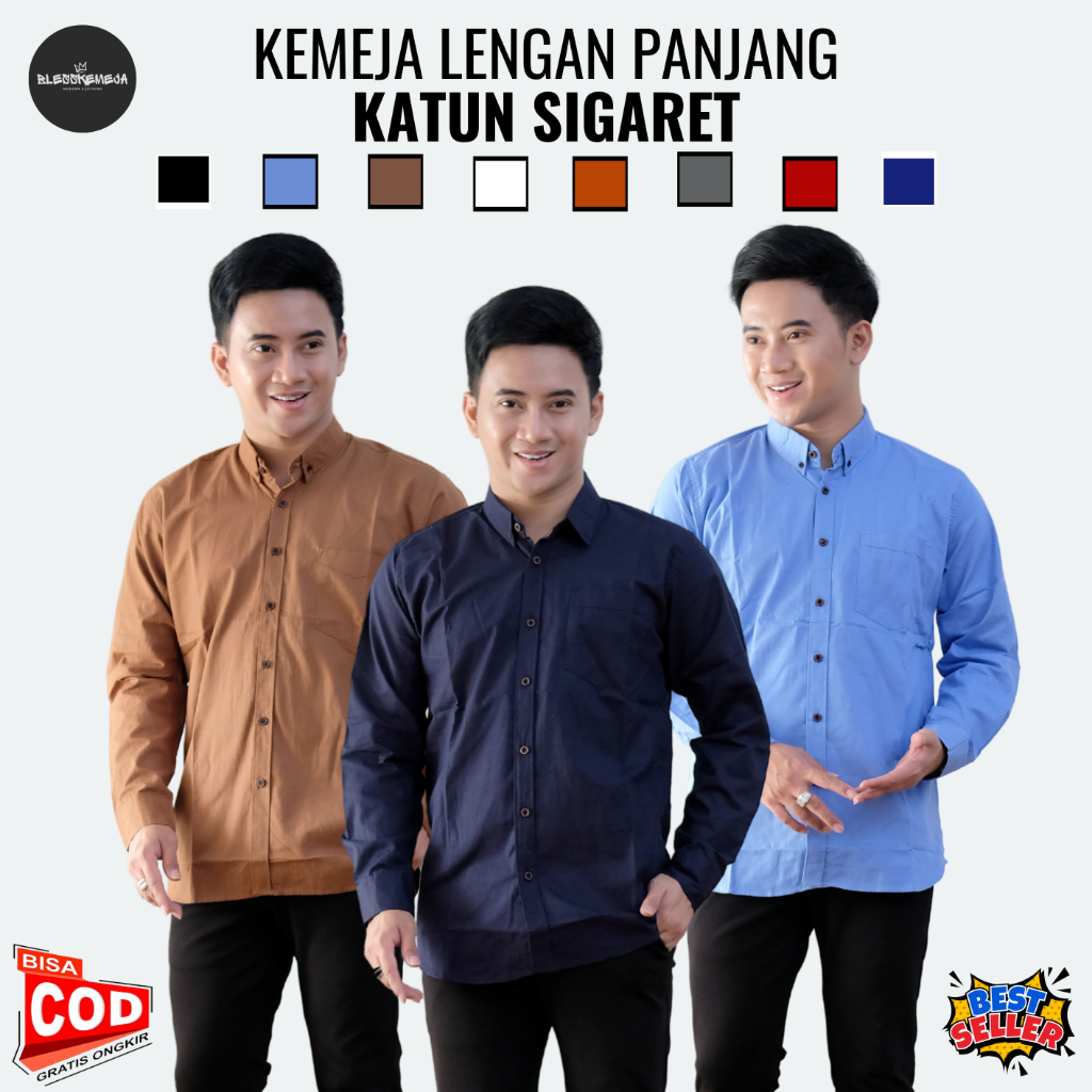 Kemeja Polos Pria Lengan Panjang Katun Sigaret Premuim | Baju Laki Laki Hem Biru Muda M L XL Jumbo