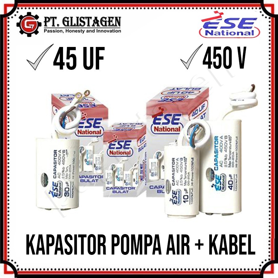 National Ese Kapasitor Bulat Pompa Air 45uf - 450V Capasitor Kabel 45 UF